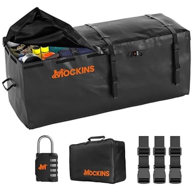 Mockins 16 CuFt Trailer Hitch Cargo Carrier Bag | 58"x20"x24" Durable Vinyl Cargo Bag for Hitch Carrier | Waterproof Truck Bed Storage Set w/Straps & Lock | Weatherproof Vehicle Soft Shell Carriers