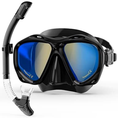 MELUMILU Snorkeling Gear for Adults, Dry Snorkel Set Blue Electroplated 180° Panoramic Wide View Anti-Fog Scuba Diving Mask, Professional Snorkel Gear for Swimming, Diving (Black)