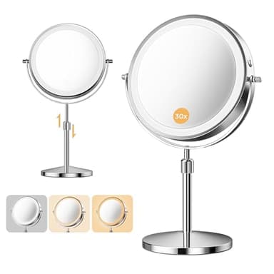 tubbede Makeup Mirror, 1X/30X Double Sided Magnifying Mirror with 3 Colors, 3200 mAh Rechargeable Vanity Mirror with 360° Rotation, Brightness Adjustable Light up Mirror, Women Gift (Gray)