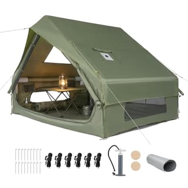 VINGLI Inflatable Camping Tent, All-Weather Inflatable Hot Tents with Stove Jack, Blow Up Tent for Camping with Mesh Doors & Windows, Inflatable Air Tents for Camping Adult (Dark Green, 3-5 Person)