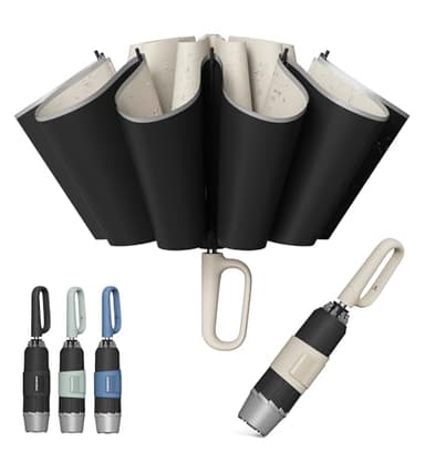 QWB TUMAAOTU Inverted Umbrella with Carabiner Handle, Compact Wind Proof Umbrellas For Rain and Sun Protection, Portable Reverse Folding Umbrella, Car Umbrella for Women Men, 10 Ribs (UV Beige)