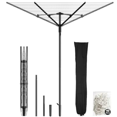 Clothes-Lines for-Outdoor, Heavy-Duty Umbrella Clothes-Drying-Rack for Blanket, Sheets, Skirt, Rotating and Hight-Adjustable Clotheslines-for-Outside, Backyard, Balcony, Camping, RV, Black