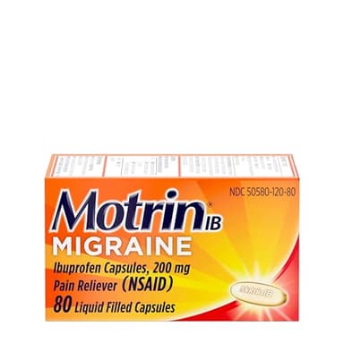 Motrin IB Migraine Relief Liquid Gel Capsules with 200 mg Ibuprofen per Capsule, Fast & Effective Migraine Headache Medicine with NSAID Pain Reliever Ibuprofen, Caffeine-Free, 80 ct