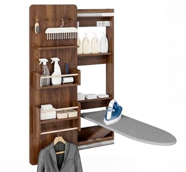 Kikihouse Wall Mounted Ironing Board Cabinet with Storage, Foldable Wall Ironing Board with Sliding Door, Wall Mount Space Saving Ironing Station for Laundry Room, Living Room, Entrance (Walnut)