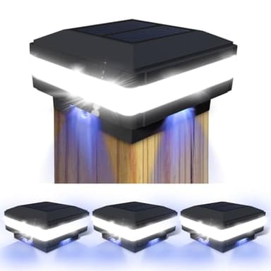 Sumaote Solar Post Cap Light, 52 LEDs 160 Lumen Outdoor Solar Post Light Fits 4x4 5x5 6x6 Wooden Posts IP65 Deck Fence Lights Platform Garden Patio 6000K White Lighting, Black Shell, 4 Pack