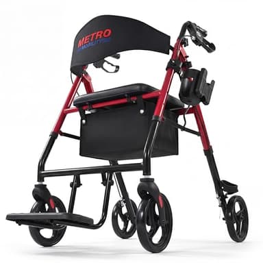 Metro Mobility 2 in 1 Rollator Walker & Transport Wheelchair, Foldable Lightweight Rollator Walker with Seat for Seniors, 8" Big Wheels for All Terrain, 300 lb. Weight Capacity, Red