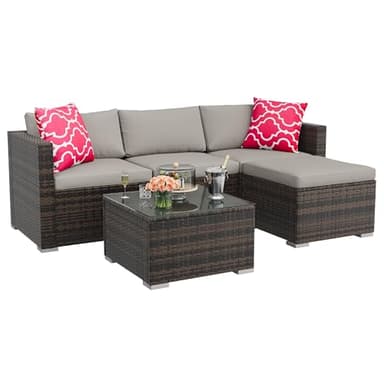 GAOMON 5-Piece All-Weather Patio Furniture Set, Convertible Outdoor Sectional Sofa with Ottoman & Tempered Glass Table, PE Rattan Conversation Set for Garden, Backyard, Porch, Poolside