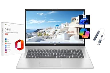 HP 17.3" Full HD Laptop, with Free Lifetime Microsoft Office 2024, Intel Core i7-1355U, 32GB RAM, 1TB SSD, Intel Iris Xe Graphics, Windows 11 Pro, Natural Silver, Wi-Fi 6, Copilot, with USB Hub