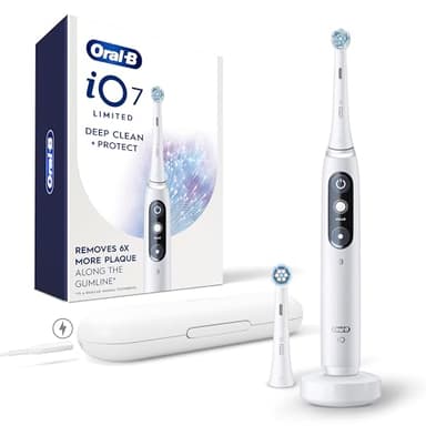 Oral-B iO Deep Clean + Protect Rechargeable Electric Toothbrush, White, iO Series 7, 2 Replacement Brush Heads, Charging Travel Case