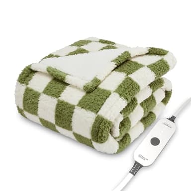 Sunbeam Printed Royal Sherpa Foot Pocket Heated Throw Electric Blanket, 50" x 60", 4 Heat Settings, 4-Hour Auto Shut-Off, Warming Cozy Throw for Couch or Bed, Machine Washable, Sage Checkerboard