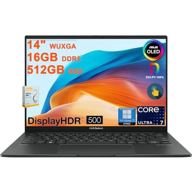 ASUS Zenbook 14 OLED Laptop | 14" WUXGA Lumina OLED Touch (100% DCI-P3, 500nits HDR) | Intel 16-core Ultra 7 255H (Up to 13 Tops) | 16GB DDR5 512GB SSD | Backlit Fingerprint Win11Pro w/DLCA Accessory