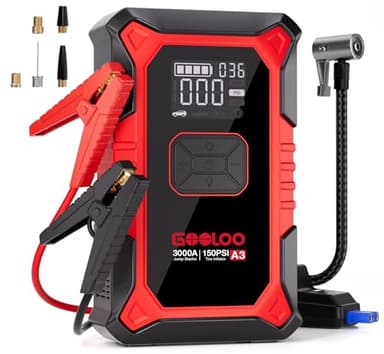 GOOLOO A3 Jump Starter with Air Compressor, 3000A Portable Car Battery Booster (9.0 Gas/6.5L Diesel) with 150PSI Auto-Shutoff Tire Inflator, 12V Supersafe Lithium Jump Box Car Battery Jumper Starter