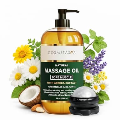 Cosmetasa Massage Oil for Sore Muscle Massage Therapy with Roller - All Natural, Cruelty-Free Massage Oils for Muscle Relaxing & Joint Comfort - Arnica Extract with Lavender & Chamomile Oil (8.8 oz)