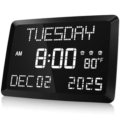Raynic Digital Clock, 11.5" Large Display Calendar Clock with Day and Date, Indoor Temperature, Adjustable Brightness, Snooze,12/24H, DST for Home, Office, Elderly