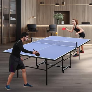 Professional Outdoor Table Tennis Table, 9ft Full Size Ping Pong Table for Indoor/Outdoor Use, Weatherproof Folding Portable Design with Wheels, Net Included, 10-Min Assembly, Playback Mode