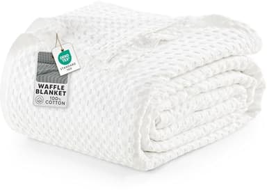 Utopia Bedding White 100% Cotton Waffle Blanket 300 GSM [Queen - 90x90 Inch] Soft Lightweight Breathable Bed Blanket for All Season