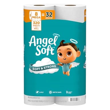 Angel Soft Toilet Paper, 8 Mega Rolls = 32 Regular Rolls, Soft and Strong Toilet Tissue