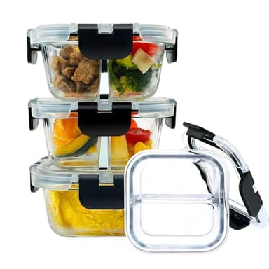 Nafhone Bariatric Meal Prep Containers, 8 oz Glass Bariatric Portion Control Containers with Two 4 oz Compartments (3 Pack), Reusable Lunch Box Bento Box with Lids, Glass Snack Containers with Lids