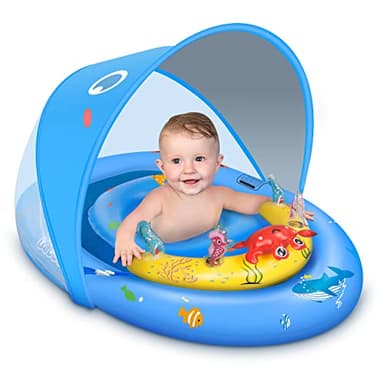 LAYCOL Baby Pool Float with UPF50+ Sun Protection Canopy & Toy Play Console, Inflatable Pool Float for Pool, Baby Swimming Float with Adjustable Safety Seat, Toddler Float for 6-36 Months Boys Girls
