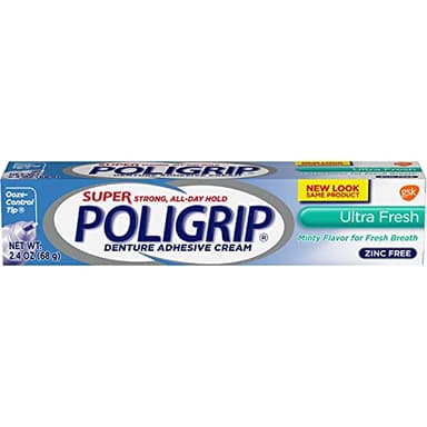 Super Poligrip Denture Adhesive Cream - 2.40 ounce (86 grams) - Ultra Fresh Flavor - Zinc Free - Minty Fresh