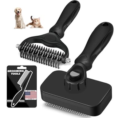 3PCS Self Cleaning Slicker Brush & Pet Grooming Rake & Flea Comb for Dogs,Cats and Horses | Double-Sided Dematting Comb & Skin Friendly Deshedding Grooming Tool | Premium Pet Supplies (Black)