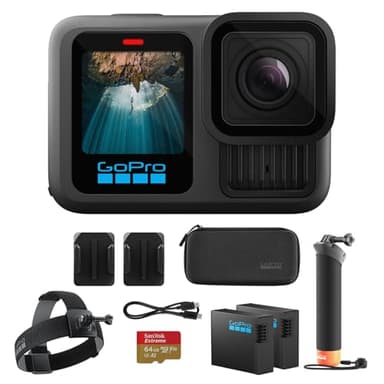 GoPro Hero13 Black 27MP Waterproof Action Camera - Special Accessory Bundle | 5.3K60 Ultra HD Video w/Handler, 2 Enduro 1900mAh Batteries, 64GB Extreme microSDXC Memory Card and Head Strap 2.0