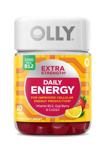 OLLY Extra Strength Daily Energy Gummy, Caffeine Free Cellular Energy Production,* 1000 mcg Vitamin B12, CoQ10, Goji Berry, Adult Chewable Supplement, Berry Yuzu Flavored, 30 Day Supply - 60 Count