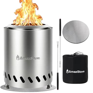 9.7 x 7.1 Inch Tabletop Fire Pit by AmazStove, Low Smoke Camping Stove for Outdoor Safe Burning Firepits, Fueled Pellets or Wood, Travel Bag Included (Silver, 9.7 x 7.1 INCH)