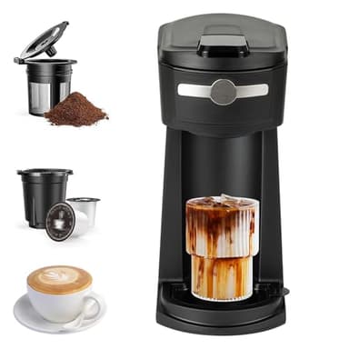 Sykaffe Single Serve K Cup Coffee Maker 2 in 1Machine,6 to 14 0z Brew Sizes,Auto Shut Off& Reusable Filter,Use Coffee Capsule&GroundCoffee&Loose Leaf Tea,Iced Coffee,Black