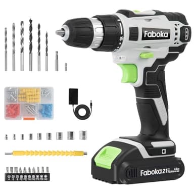 Faboka 21V Cordless Drill Set, Power Drills Kit with 2.0Ah Battery and Charger, Electric Driver/Drill Bits, Max Torque 40Nm, 3/8-Inch Keyless Chuck, Variable Speed, LED Light, for DIY Home Repair