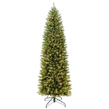 Puleo International 7.5ft Pre-Lit Fraser Fir Pencil Christmas Tree with 350 Clear Lights, 1188 Realistic Dense Branch Tips, Easy Setup Artificial Trees with Sturdy Metal Stand