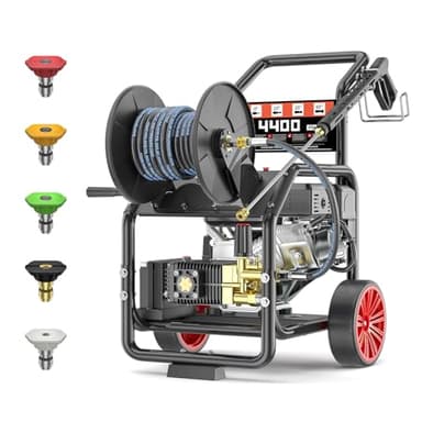 KARHDIR 4400 PSI Gas Powered Commercial High Pressure Washer with 296cc 15HP Engine 4.0GPM Electric Start, Includes Hose Reel 50 FT 3/8 inch Hose 5 Quick Connect Nozzles Spray Gun and Wand