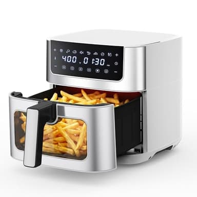 NEWBULIG Air Fryer 6.34QT, Airfryer with Visible Window, 400℉ Fast Heating Air Fryers Oven with Nonstick and Dishwasher-Safe Basket, 8-in-1 Cooking Preset, Timer，Auto-Off, Stainless Steel, White