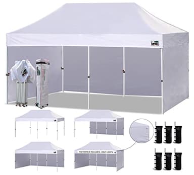 Eurmax USA 10'x20' Pop-up Canopy Tent Commercial Instant Canopies with 4 Removable Zipper End Side Walls and Roller Bag, Bonus 6 SandBags(White)