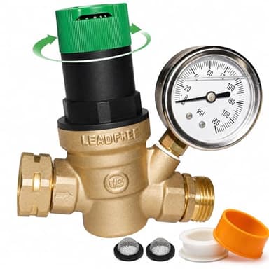 LIULO TOOL RV Water Pressure Regulator, Lead-Free Brass Adjustable Handle Pressure Regulator, Water Pressure Reducer with Gauge and Built-in Mesh Filter for RV Camper Travel Trailer