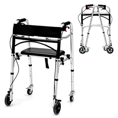 Goplus Walkers for Seniors, 4-in-1 Folding Walker with 5’’ Wheels, Detachable Seat, Height Adjustable Stand Up Walker, Medical Walking Mobility Aid, 350lbs Rolling Walker for Adult Bariatric Handicap