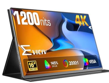 Portable Monitor 4K 1200 Nits, 16" Laptop Monitor, 3840*2400 UHD, 1MS FreeSync, 2000:1 Contrast, USB-C & MINI HDMI, VESA & Smart Case, Travel Second Screen for Computer, Mini PC, Game Consoles