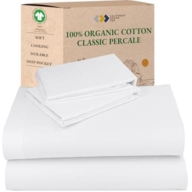 California Design Den Queen Sheet Set - Soft 100% Organic Cotton Sheets with Deep Pockets, Crisp Percale, Breathable and Durable Bedding Set - White