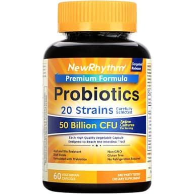 NewRhythm Probiotics 50 Billion CFU 20 Strains, 60 Veggie Capsules, Targeted Release Technology, Stomach Acid Resistant, No Need for Refrigeration, Non-GMO, Gluten Free