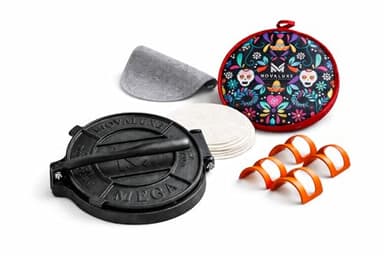 Movaluxe® Linea Authentica 12-Inch Heavy Duty Cast Iron Tortilla Press – Large Burrito & Flour Corn Tortilla Maker System with Warmer Pouch, Taco Holders & Essentials