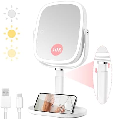 Lighted Makeup Mirror, 2600mAh Rechargeable 1x/10x Magnifying Vanity Mirror, 8.5" Height Adjustable Makeup Mirror with Lights 3 Color, 360° Rotation 2-Sided Light up Large Desk Mirror, Gifts for Women