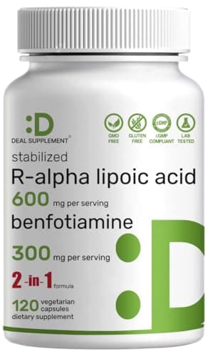 DEAL SUPPLEMENT R Alpha Lipoic Acid 600mg with Benfotiamine 300mg Per Serving, 120 Veggie Capsules – 200mg R-ALA Per Capsule – Antioxidant Supplement for Energy & Nervous System Support