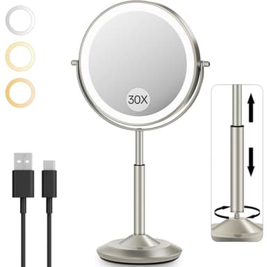 VFD 30X/1X Makeup Mirror with Lights, Height Adjustable Lighted Magnifying Vanity Mirror with 3 Lighting and Adjustable Brightness, 3000mAh Rechargeable Double Sided Switch for Desk Women Gift