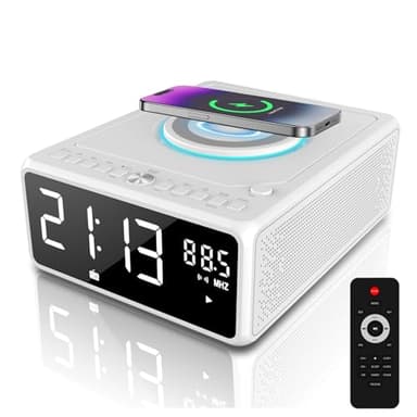 G Keni Elegant CD Player, Alarm Clock Radio with Wireless Charging Station, FM Radio (No AM), Bluetooth Boombox with Remote, MP3/USB Music Player, Snooze & Sleep Timer CD Players for Home, AC Powered