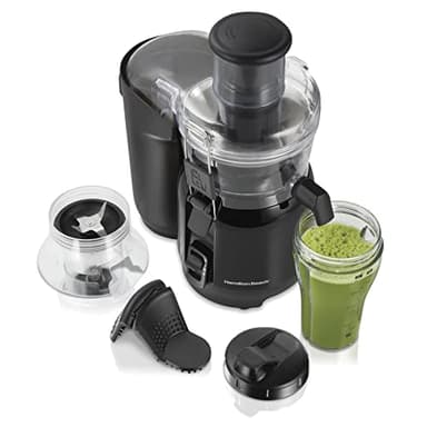 Hamilton Beach Juice & Blend 2-in-1 Juicer Machine and 20 oz. Blender, Big Mouth Large 3” Feed Chute for Whole Fruits and Vegetables, Easy to Clean, Centrifugal Extractor, 800W Motor, Black (67970)