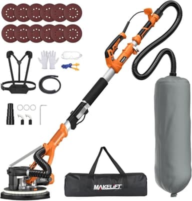 Drywall Sander with Vacuum Dust Collector, 1050W 7.33A Popcorn Ceiling Removal Tool, LED Light, 5 Variable Speed 1000-2100RPM, Foldable & Extendable Handle, 12 Sanding Discs