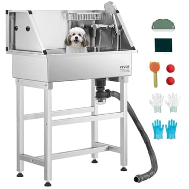 VEVOR Professional Dog Washing Station, 34 Inch Stainless Steel Pet Grooming Tub with Hot & Cold Faucet, Showerhead, Storage Rack, No-Bend All-in-One Bathtub, Home Wash Sink, Fits Small Cats and Dogs