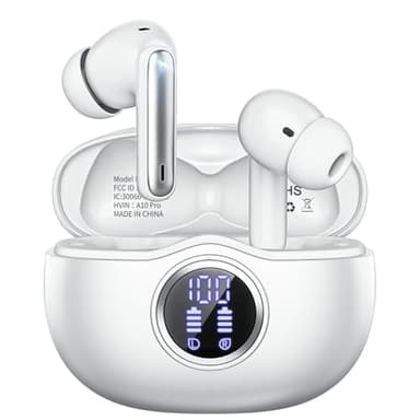 Fhumsh Wireless Earbuds, Bluetooth 5.3 Headphones HiFi Stereo 50H Playback LED Digital Display Ear Buds with ENC Noise Canceling Headset, IPX7 Waterproof Earphones for Gym/Running/Work (White)
