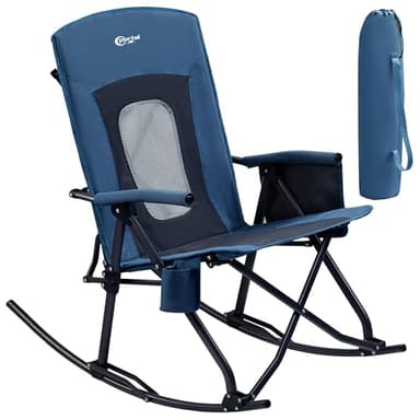 Portal Oversized Folding Rocking Camping Chair Portable Outdoor Rocker with High Back Hard Armrests Carry Bag, Supports 400 lbs, Mesh Back, Blue