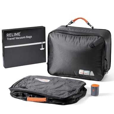 Relime Apex Series Vacuum Bags for Travel Luggage, 180° Open, Reusable Compression Bags for travel Pack, Vacuum Seal Packing Cube for Cloth (2Medium+Pump)